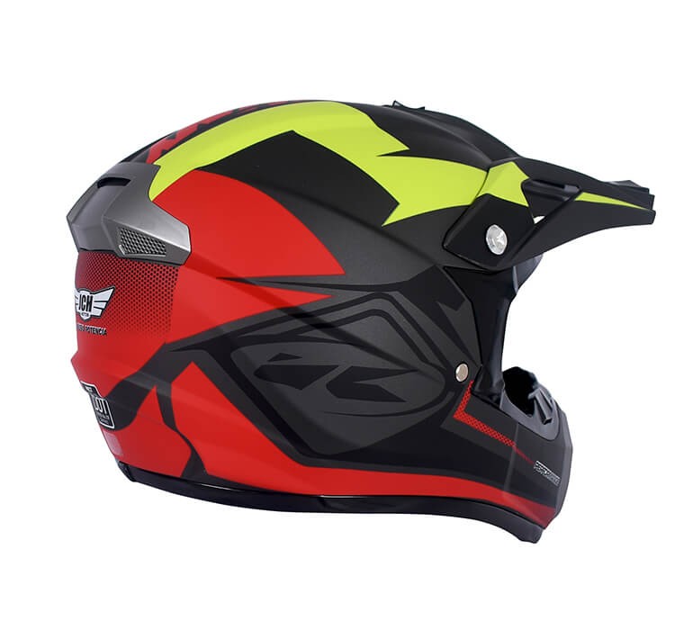 Vista diagonal de CASCO MOTOCROSS JCH MOTOS NEGRO / ROJO MATE